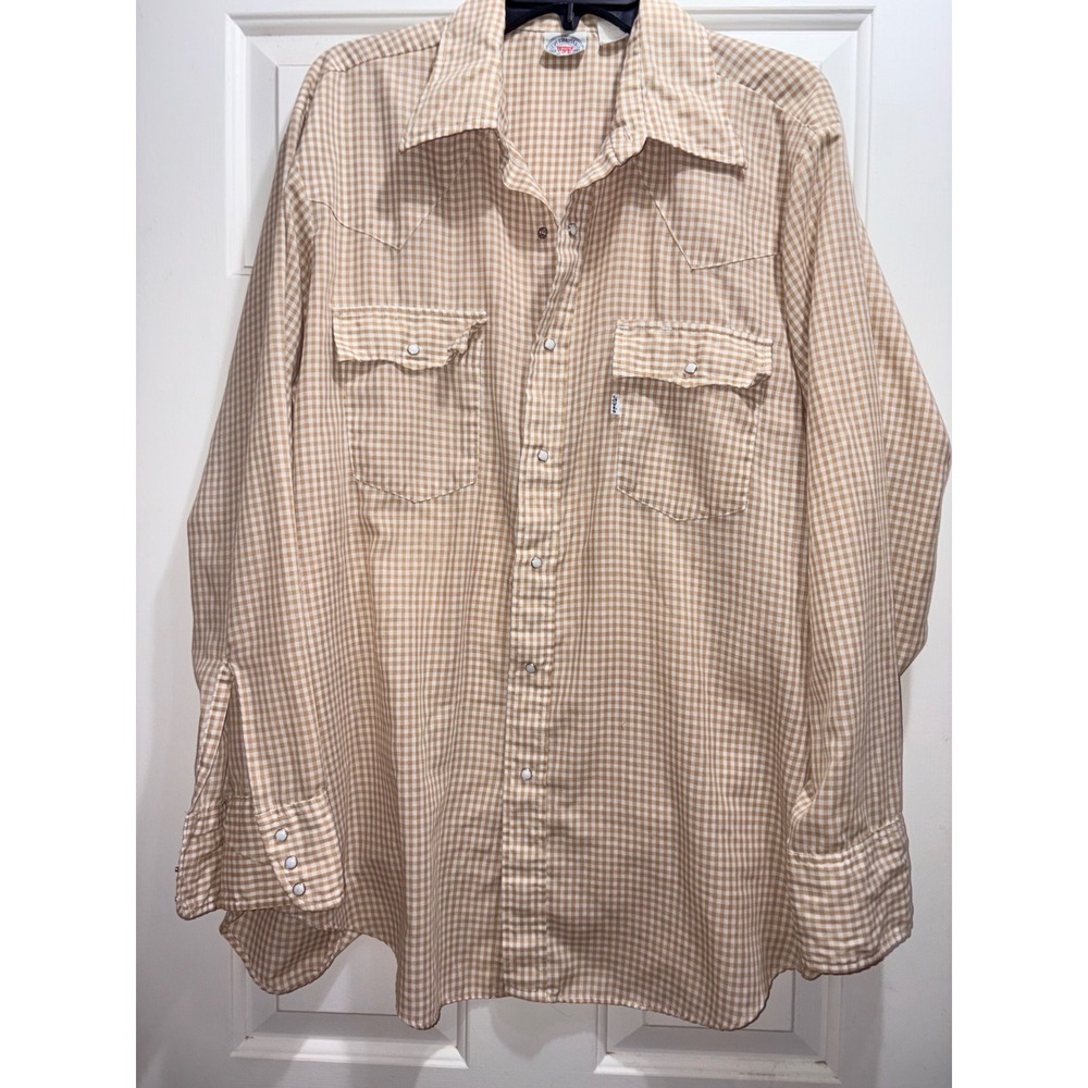 Vintage Levis Western Pearl Snap Shirt Mens XL Tan Gingham Plaid Made in USA